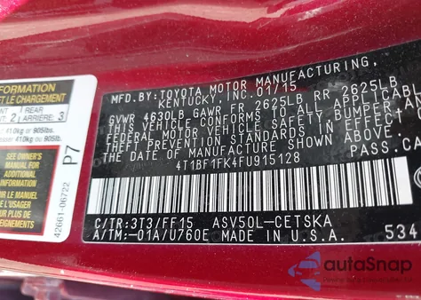 2015 Toyota Camry Se from USA, damaged, VIN 4T1BF1FK4FU915128